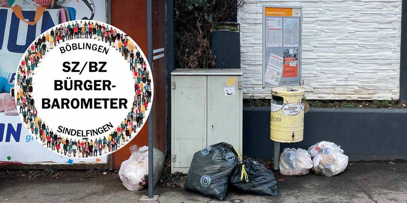 Kein seltenes Bild in Sindelfingen: Illegal abgestellter Hausmüll an einem Mülltoni-Mülleimer an der Bushaltestelle in der Arthur-Gruber-Straße. Bild: Röhm/Grafiken: Teufel