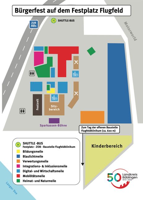 Das ist die Übersicht über die Stände beim Bürgerfest am Sonntag auf dem Flugfeld. Grafik: Landkreis Böblingen