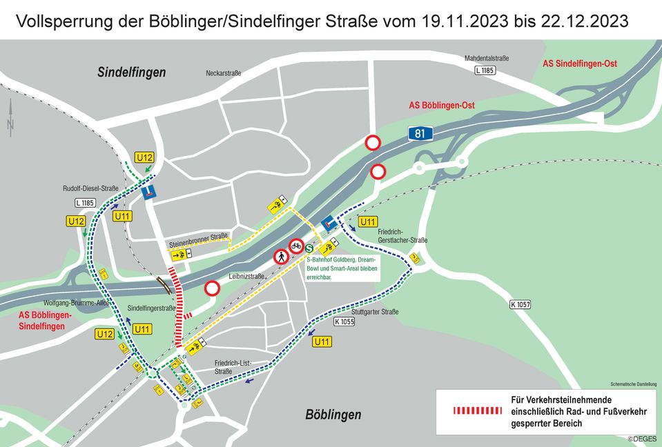 Auf diesem Plan sieht man die Umleitungsstrecken wegen der gesperrten Brücke. Grafik: Deges