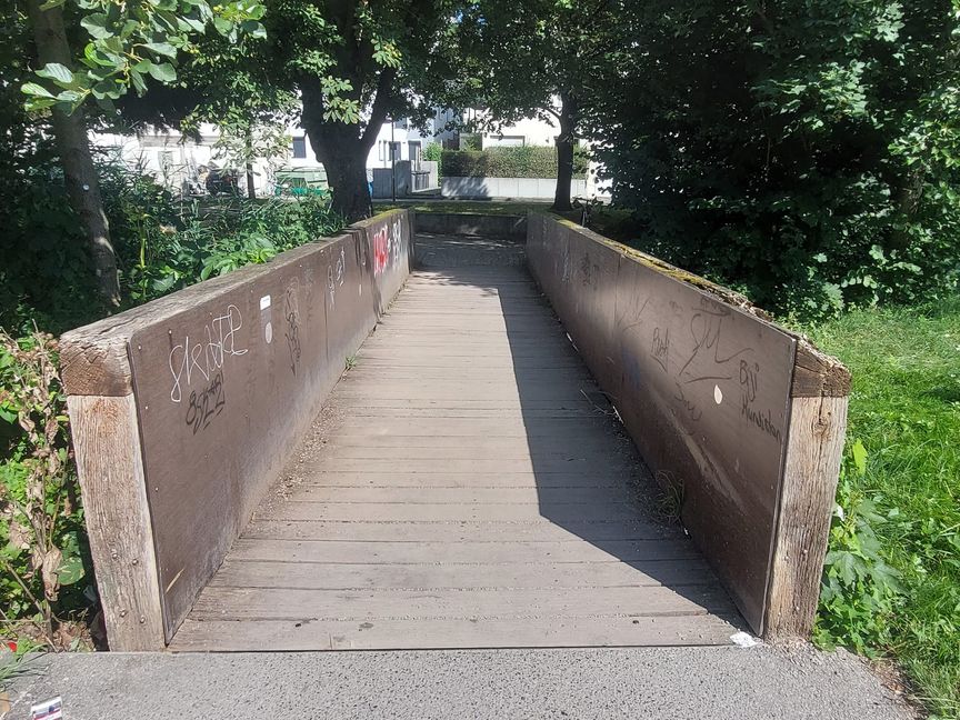 Die Brücke über den Murkenbach: Graffiti an der Innenseite, von außen greifen die Pflanzen das Bauwerk an.