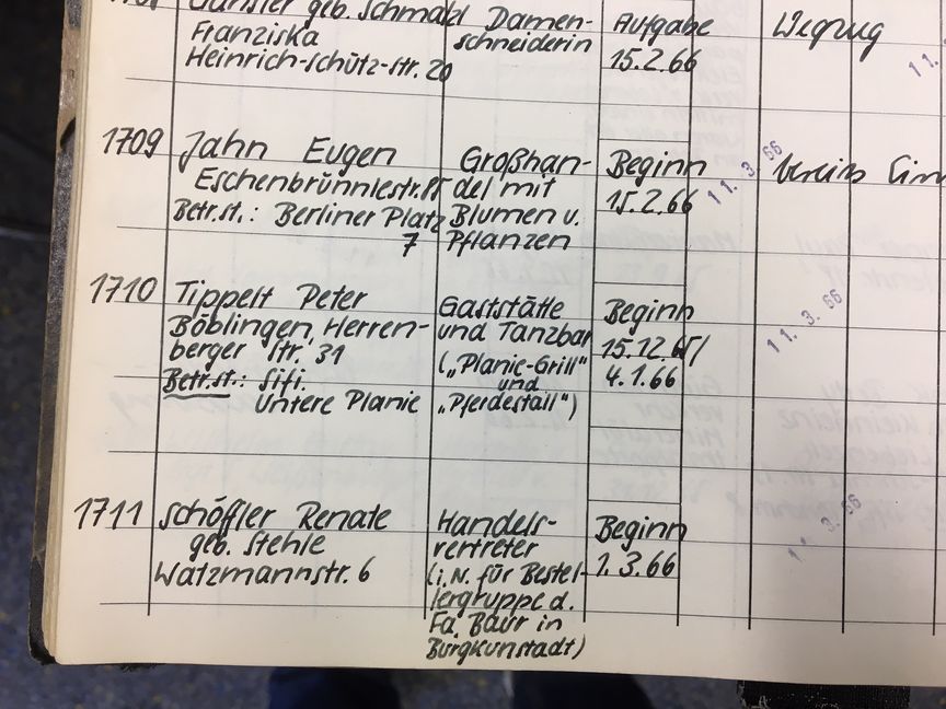 Der Eintrag für den Pferdestall im Gewerbekataster Sindelfinger 1965/1966.     Bild: P. Bausch