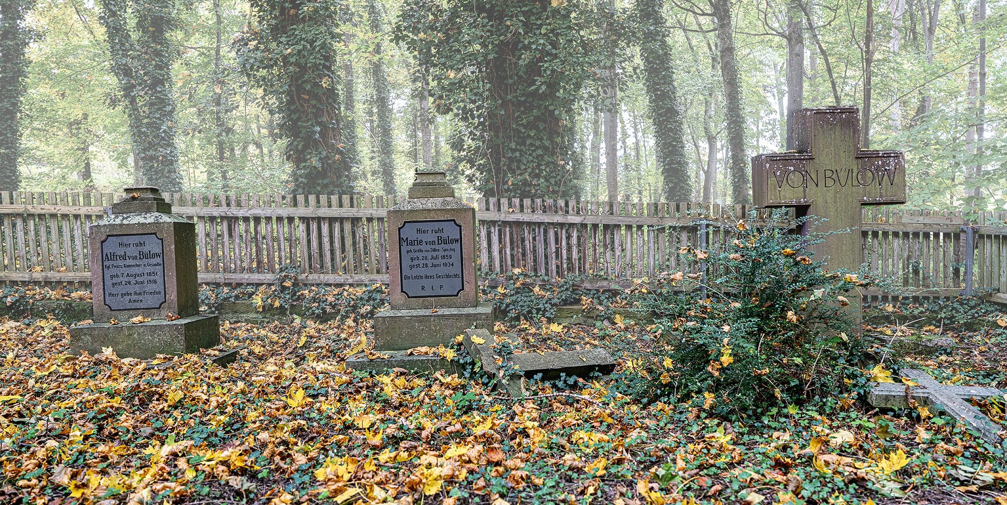 Ein ganz besonderer Ort ist der Adelsfriedhof in einem Wäldchen zwischen Schloss und Friedhof in Dätzingen.