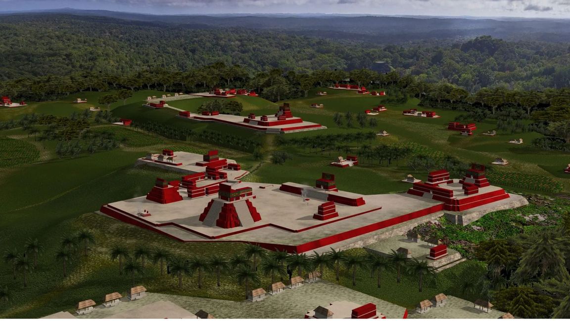 3D-Gesamtansicht der neuentdeckten Maya-Stätte „Los Abuelos“ nahe den archäologischen Parks von Tikal und Uaxactún in der Provinz Petén in Guatemala.