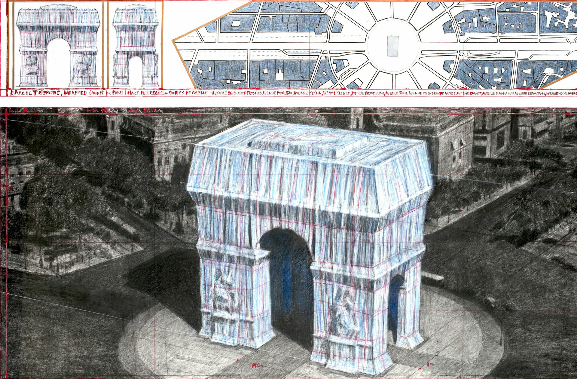 Der Arc de Triomphe  verschwindet 16 Tage  unter einem Stoffkleid – die Aufnahme zeigt eine von Christo angefertigte Zeichnung
 Foto: AFP Photo / Christo and ..