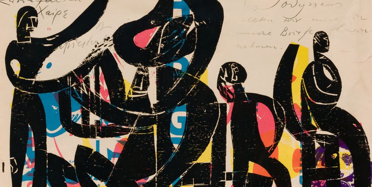 Die Galerie Schlichtenmaier auf Schloss Dätzingen zeigt „Gedruckte Bilder“ von HAP Grieshaber. Die Eröffnung ist am Sonntag, 26. April um 11 Uhr. Zu sehen bis zum 4. Juli: Mi-Fr 11-18.30 Uhr, Sa 11-16 Uhr. Siehe auch www.schlichtenmaier.de. Unser Bild zeigt  „die Gefährten des Odysseus“ (Detail).