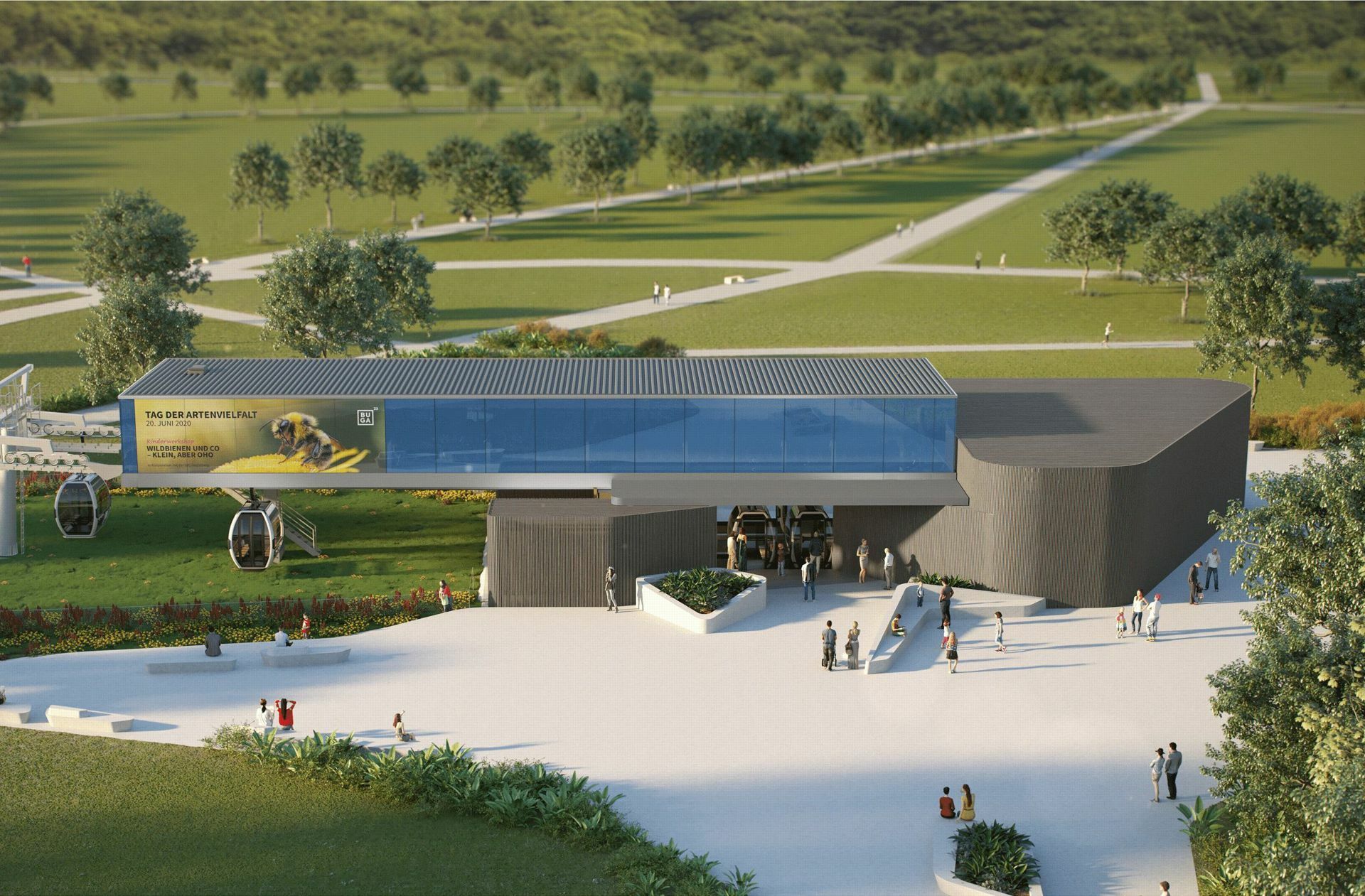 65 Gondeln,   2800 Passagiere pro Stunde: So soll die Basis-Station der   Mannheimer Seilbahn zur Buga 2023 aussehen. Nach  der Gartenschau wird sie  abgebaut. Foto: Doppelmayr Seilbahnen/MO..