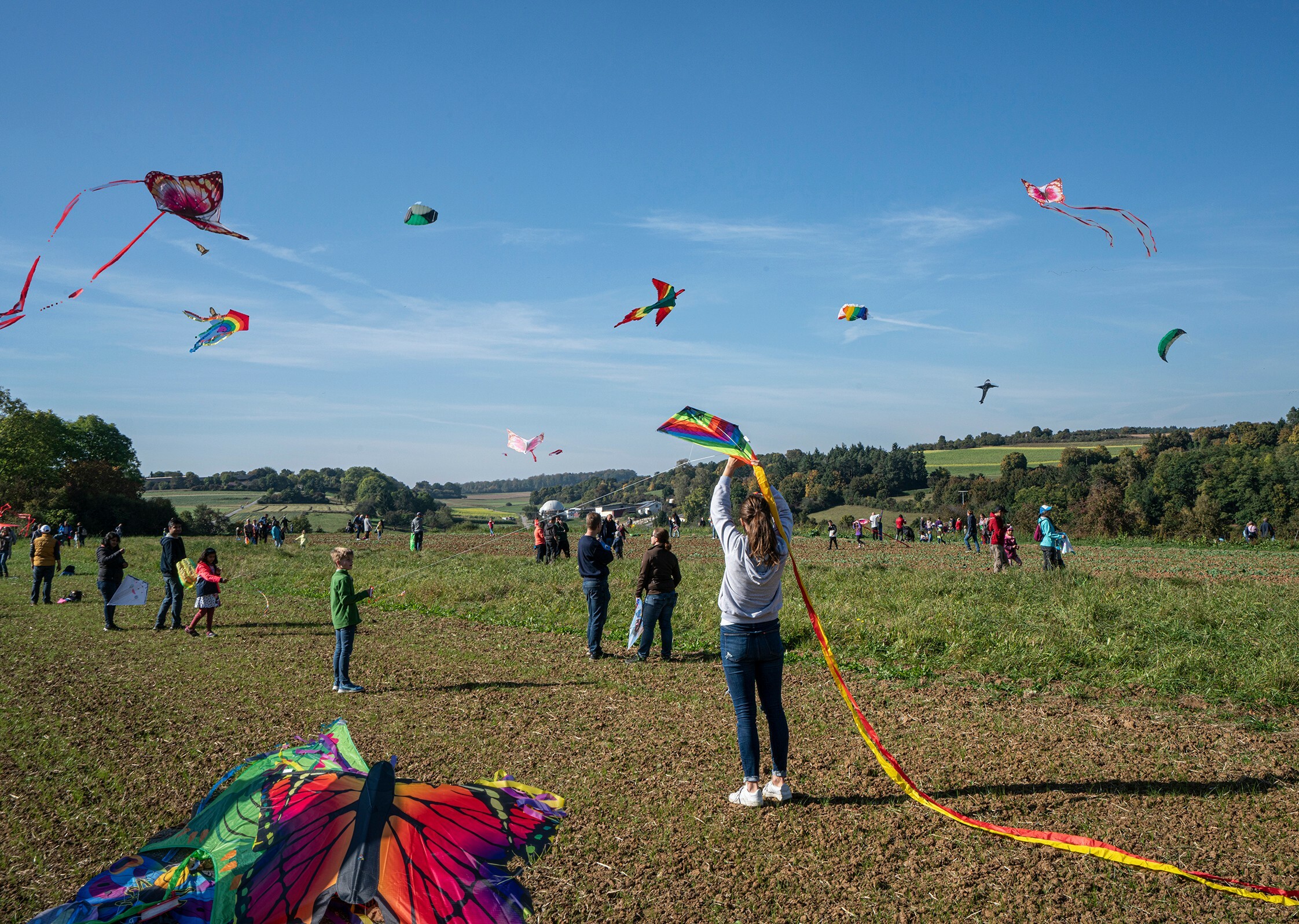 Bunte Drachen am Himmel über Aidlingen beim Drachenfest des Handels- und Gewerbeverein. Bild: Richter