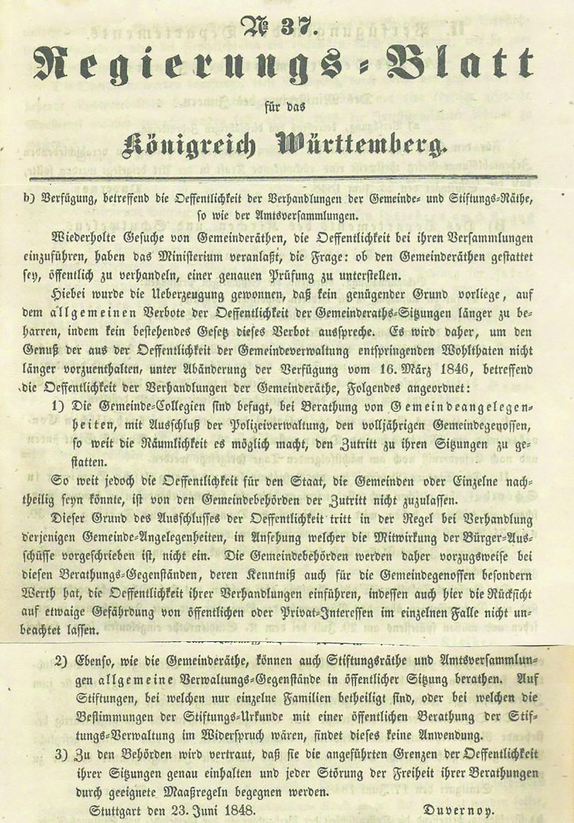 Die Verfügung des Stuttgarter Innenministers Gustav Duvernoy. Bild: Würfele