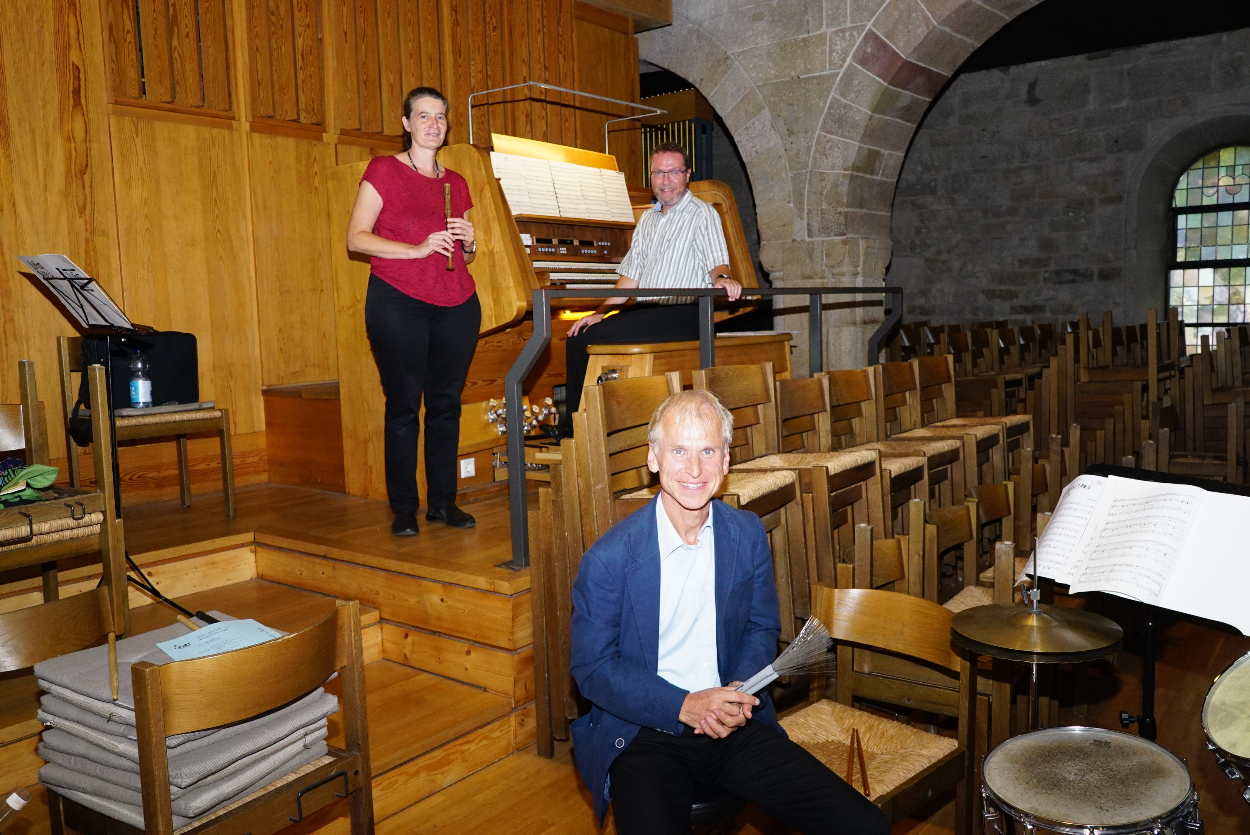 Orgelmusik am Abend: Flötistin Katrin Vincon, Schlagwerker Albrecht Volz  und Organist Attila Kálmán. Bild: Heiden