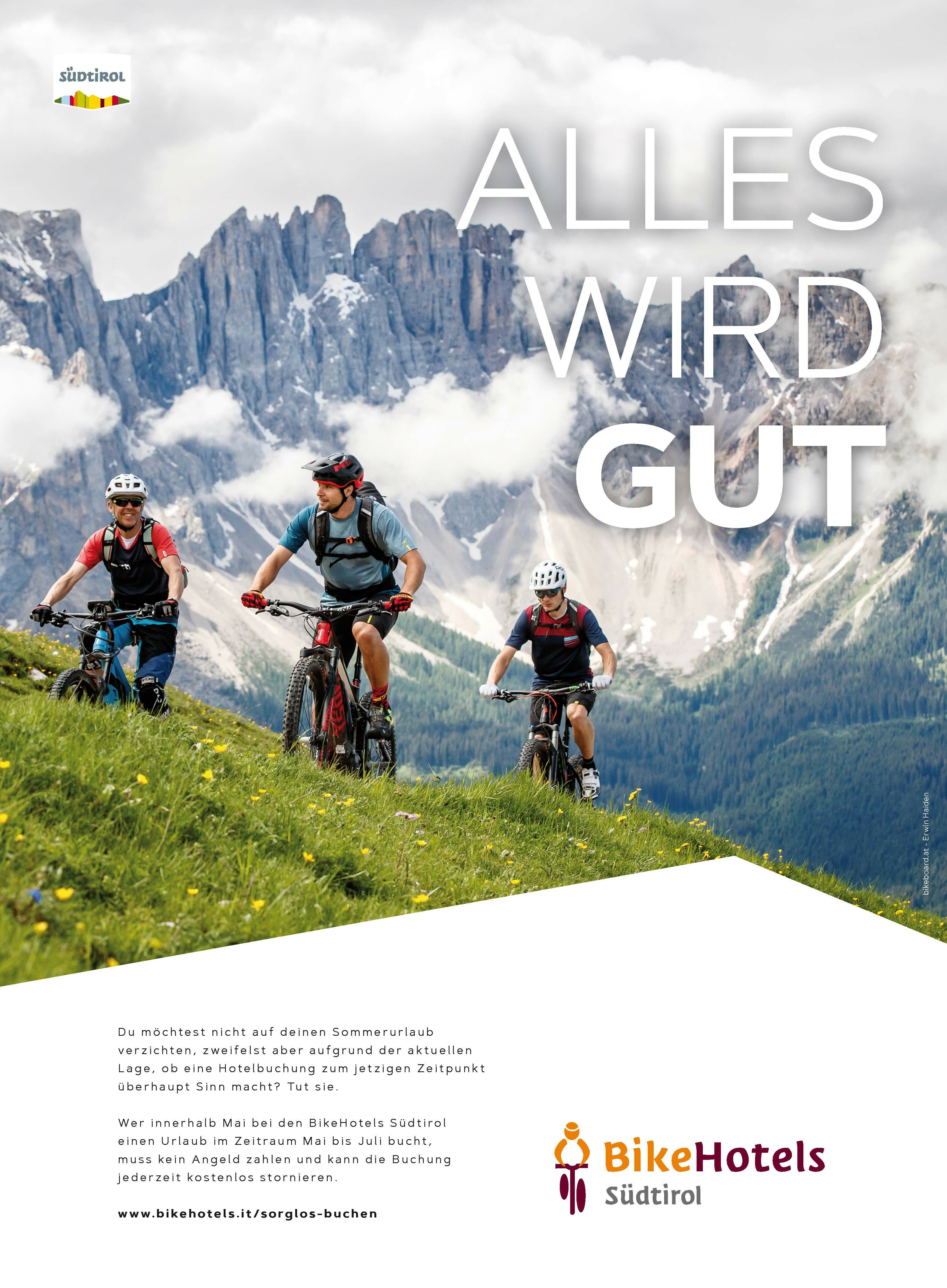 Hoffen auf bessere Zeiten. Ausschnitt aus einer Anzeige der Bikehotels Südtirol.  Bild: z