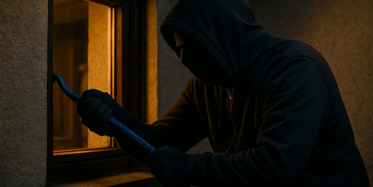 Ein Einbrecher hebelt ein Fenster auf.	Bild: ChatGPT