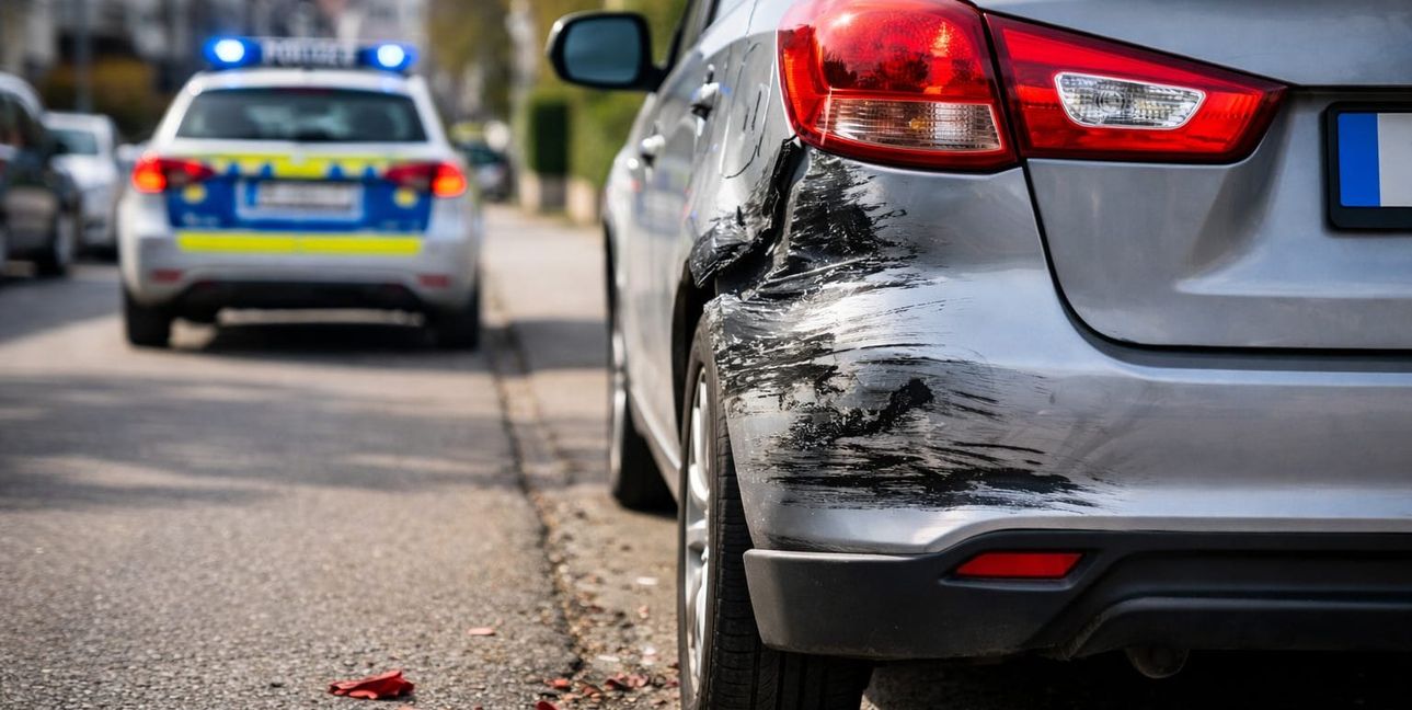 Beschädigtes Auto nach einer Unfallflucht auf einer Wohnstraße. Bild: ChatGPT