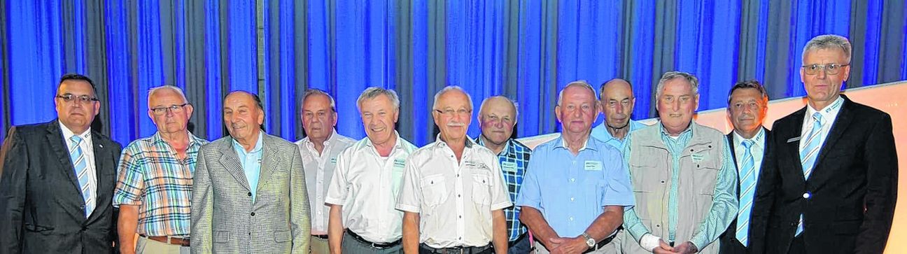 Mitgliederehrung bei der Raiffeisenbank Aidlingen (von links): Vorstand Marco Bigeschi, Hermann Frey, Helmut Maier, Rudi Frey, Herbert Kimmerle, Eugen Schneider, Hermann Schaible, Helmut Riess, Walter Breitmaier, Dieter Geiger (alle 50 Jahre Mitglied), Dieter Wellinger (Aufsichtsratsvorsitzender) und Eberhard Keysers (Vorstand).  Bild: Reichert