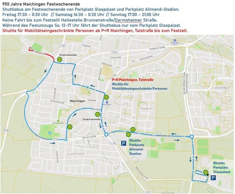 Am Festwochenende gibt es einen Shuttlebus-Verkehr zwischen den Parkplätzen Allmandstadion, Glaspalast und Bahnhof Maichingen.