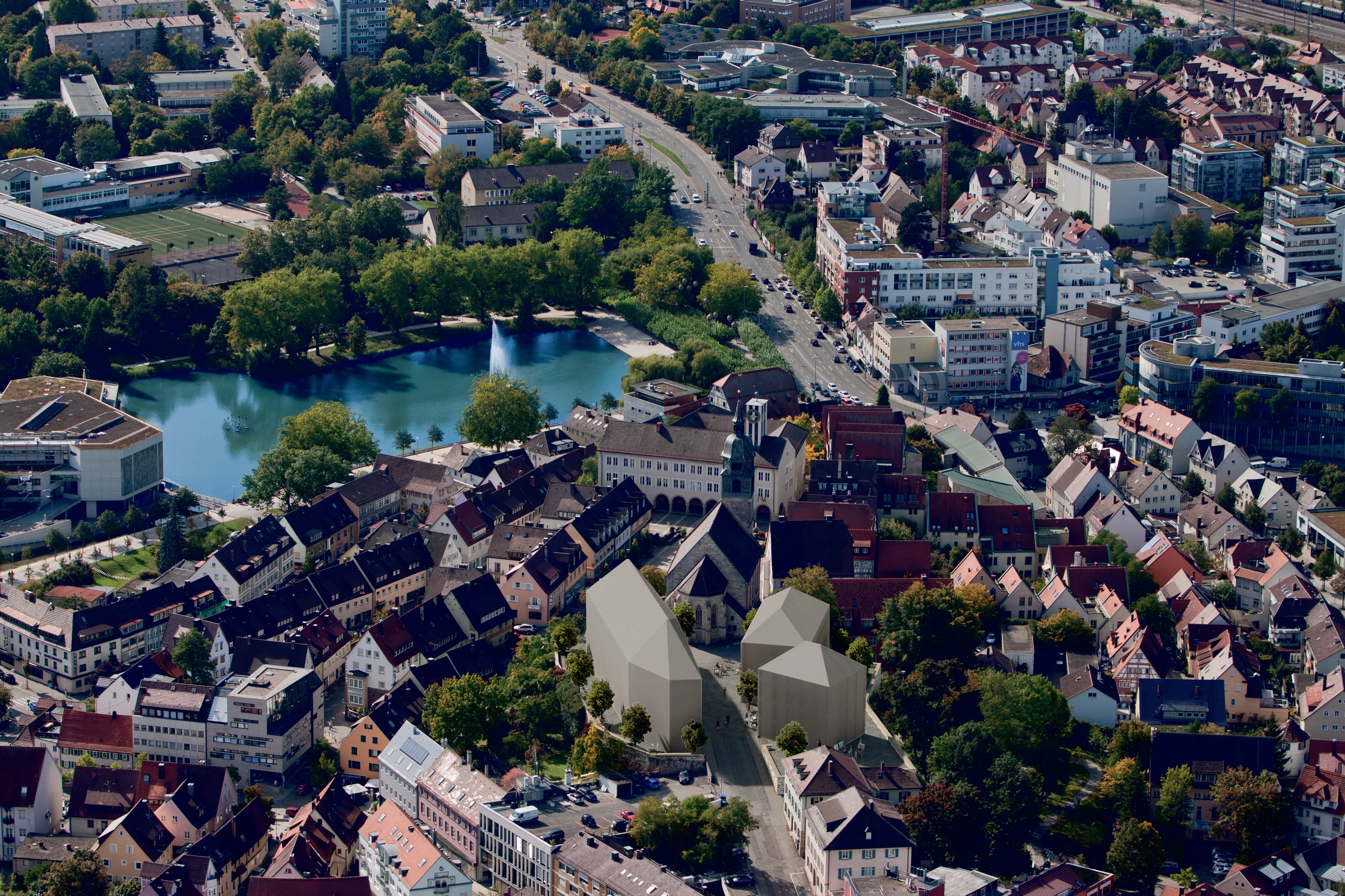 So könnte der Schlossberg nach einer Neubebauung einmal aussehen. Ob es auch so kommt, steht allerdings in den Sternen - denn aus dem Gemeinderat gibt es inzwischen erste Stimmen, die das angedachte Projekt  wieder zu den Akten legen wollen. Bild: Barkow/Leibinger