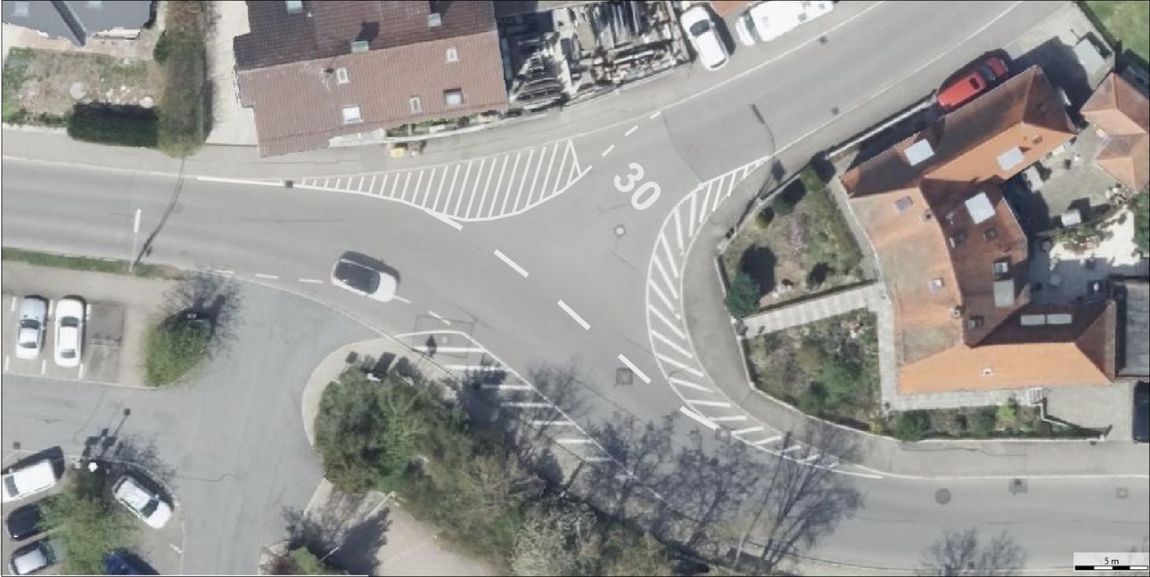 Der breite Einmündungsbereich Burghaldenstraße Ecke Schillerstraße wird umgestaltet, da es bei den vorherrschenden Vorfahrtsverhältnissen momentan zu Unklarheiten bei den Verkehrsteilnehmenden kommt.    Grafik: Stadt Sindelfingen
