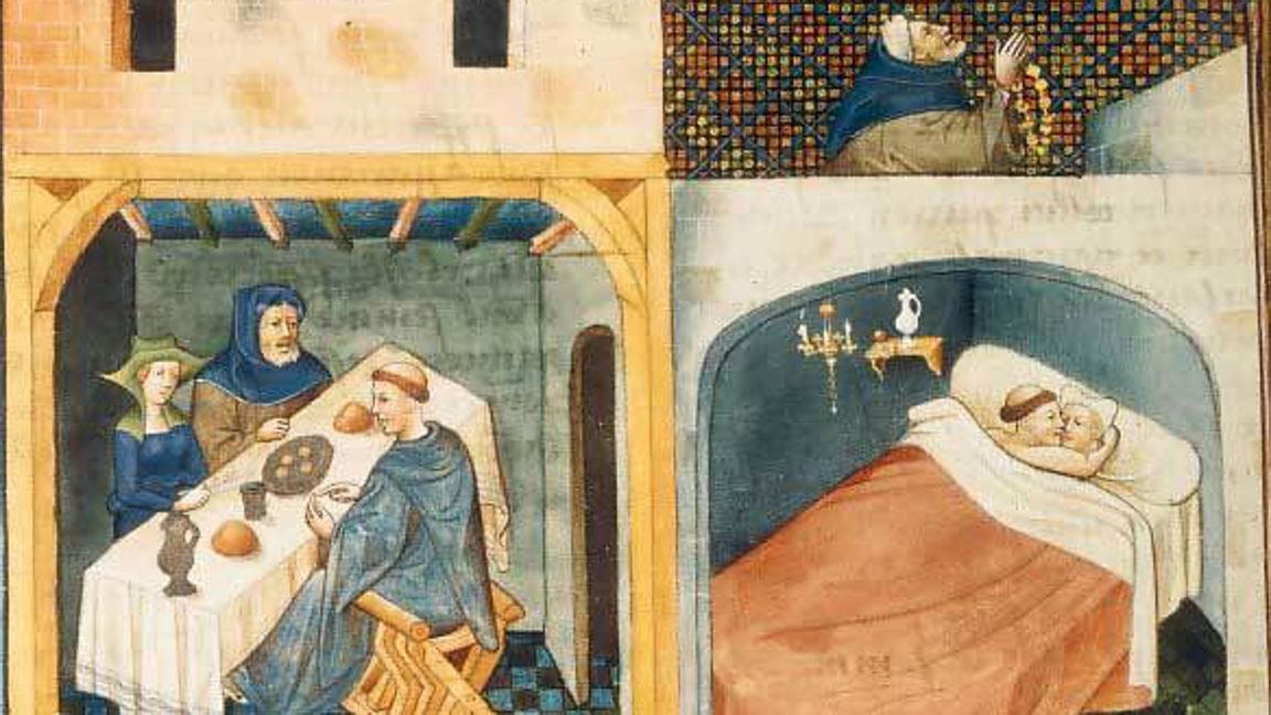 Buchmalerei aus dem 15. Jahrhundert zum Dekameron: Ein Mönch isst mit einem Ehepaar (li.), danach schläft er mit der Frau, während der Mann betet.