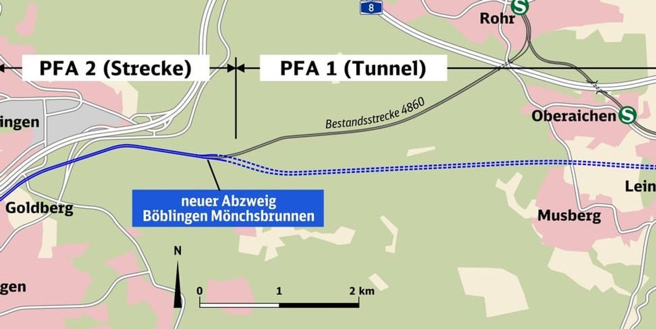 Der Pfaffensteigtunnel beginnt ungefähr auf Höhe der Anschlussstelle Sindelfingen-Ost.