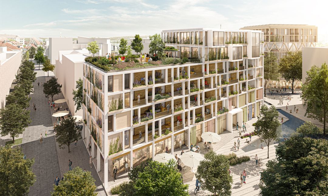 Blick in die Bahnhofstraße auf die ursprünglich geplante Kubatur des Gebäudeteils B. Dort einziehen sollen unter anderem die Bibliothek und die Volkshochschule.   Bild: Böblinger Baugesellschaft