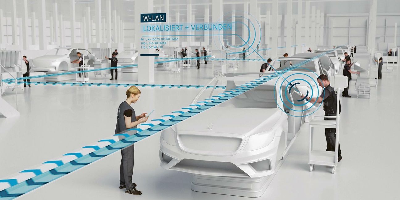 Innovative Infrastruktur: Mensch, Anlage und Fahrzeug kommunizieren digital miteinander. Smart Devices unterstützen die Mitarbeiter.  Bild: Daimler AG