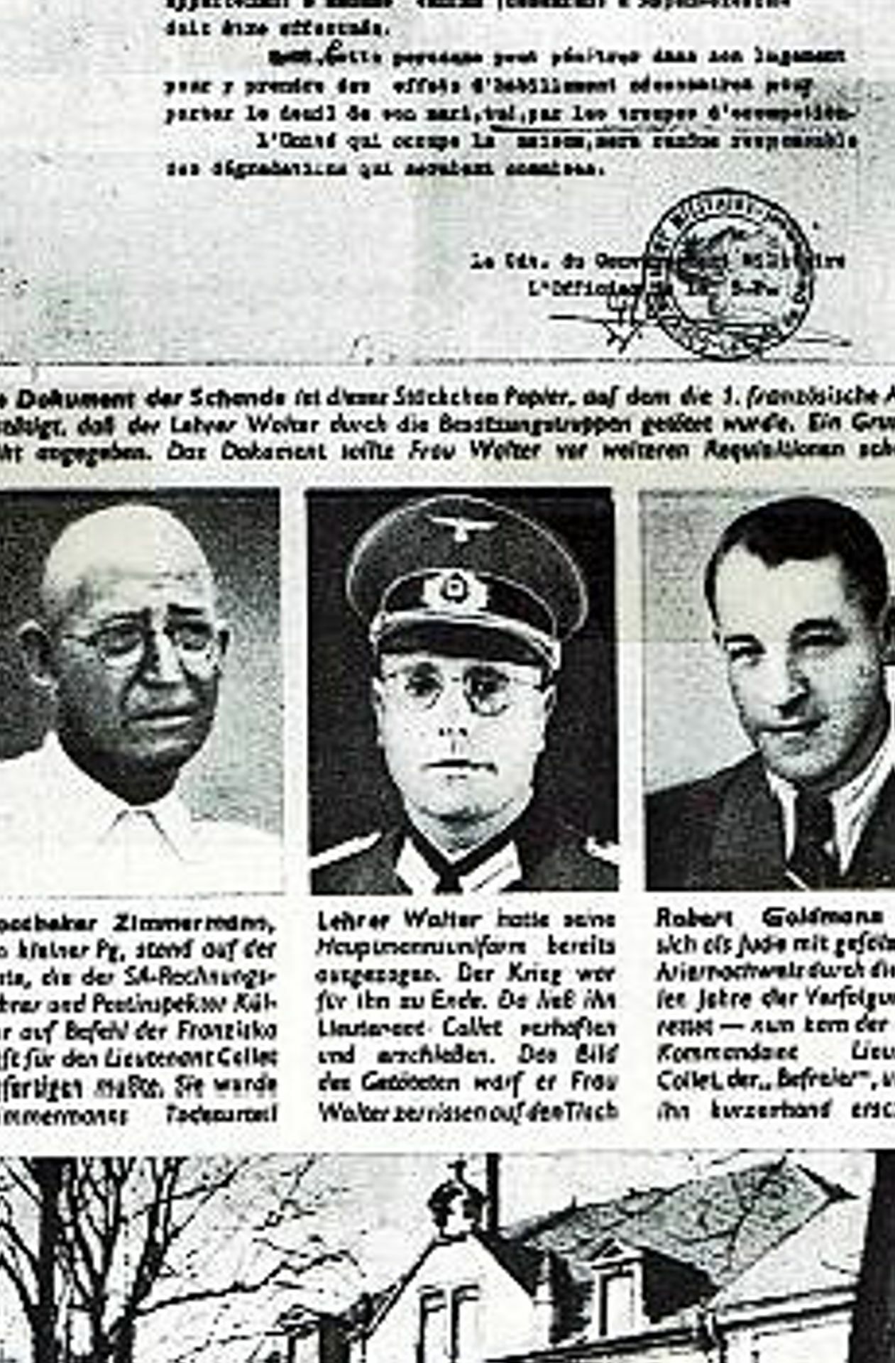 Ein Zeitungsausschnitt mit den Fotos der drei Getöteten: Walter Zimmermann, Fritz Walter und  Rudolf Goldmann (von links)