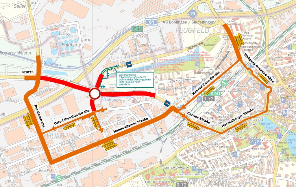 Die Umleitungen gehen über das Gewerbegbeit Hulb. Grafik: Stadt Böblingen