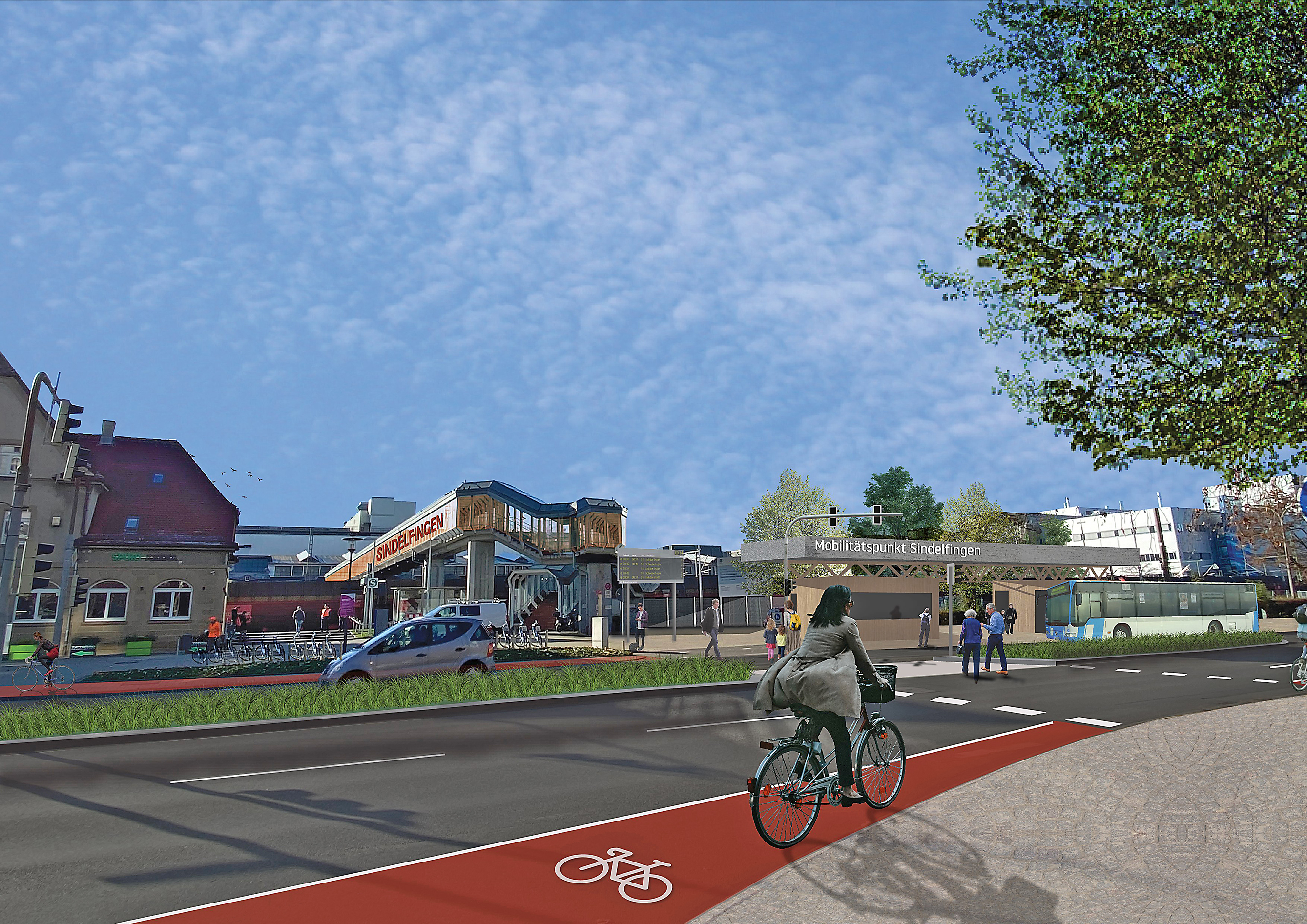 So stellen sich die Planer den künftigen Mobilitätspunkt am Bahnhof vor.  Illustration: Stadt Sindelfingen
