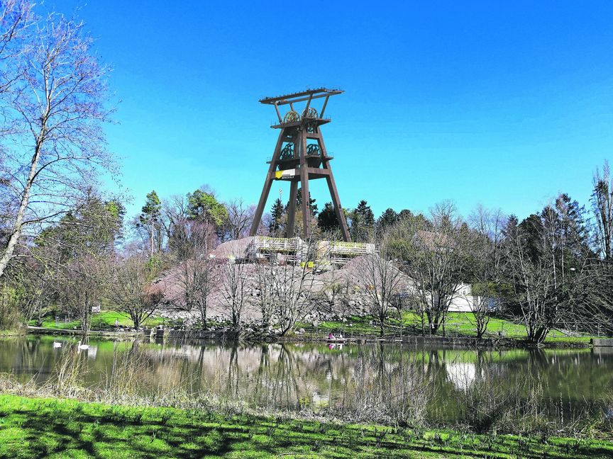 Bohrturm am Hang des Herrenwäldlesbergs auf der Seite des Klostersees. So stellt sich der Diplom-Geologe Rarius Terra den Abbau der Seltenen Erden vor. Bild: Steffen Egeler/Montage: Oliver Stick