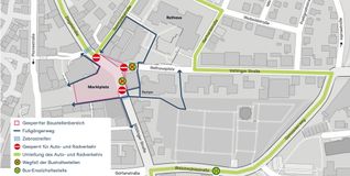 Auf der Grafik sieht man den gesperrten Bereich. Alle Geschäfte auf dem Markplatz sind jederzeit erreichbar. Bild: Grafik Stadt Sindelfingen