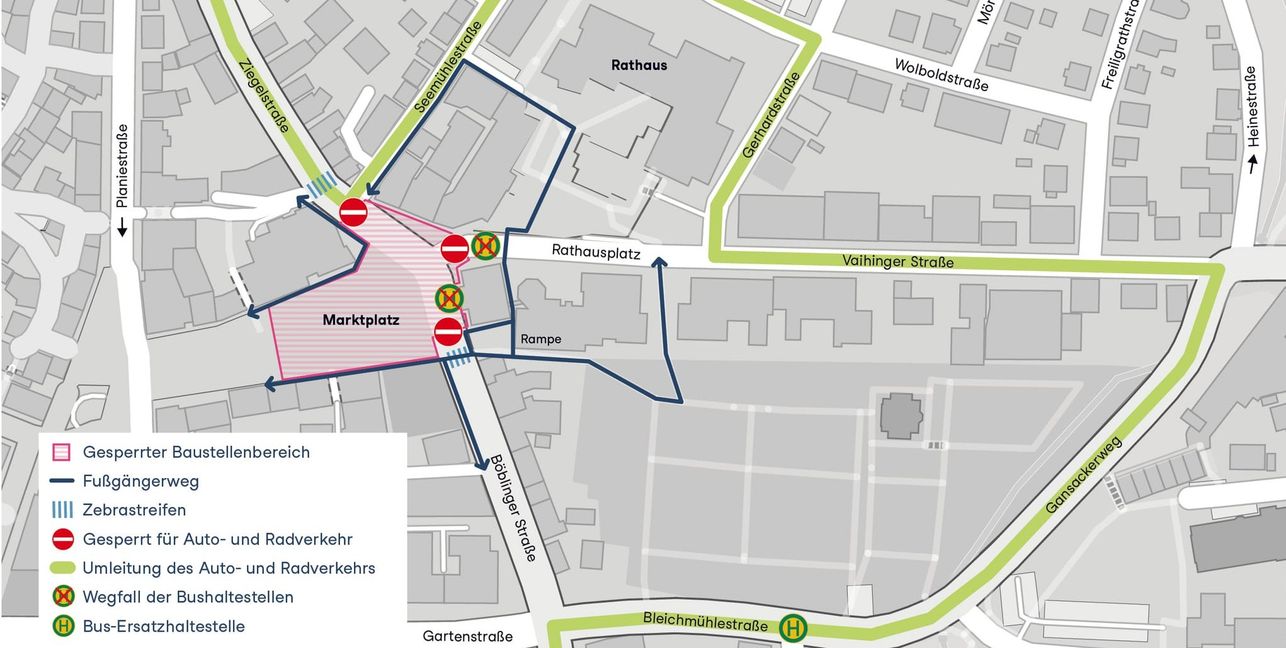 Auf der Grafik sieht man den gesperrten Bereich. Alle Geschäfte auf dem Markplatz sind jederzeit erreichbar. Bild:  Grafik  Stadt Sindelfingen