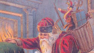 Weihnachtskarte um 1920: Nikolaus fragt  jedes Kind, ob es auch immer brav war. Den nur  brave Kinder kriegen Geschenke.