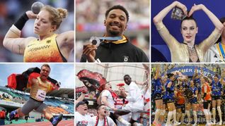 Sechs von insgesamt neun Nominierten der Stuttgarter Sportlerwahl: Alina Kenzel, Leo Neugebauer, Darja Varfolomeev (oben, v. li.), Niko Kappel, der VfB Stuttgart, Allianz MTV Stuttgart (unten, v. li.).