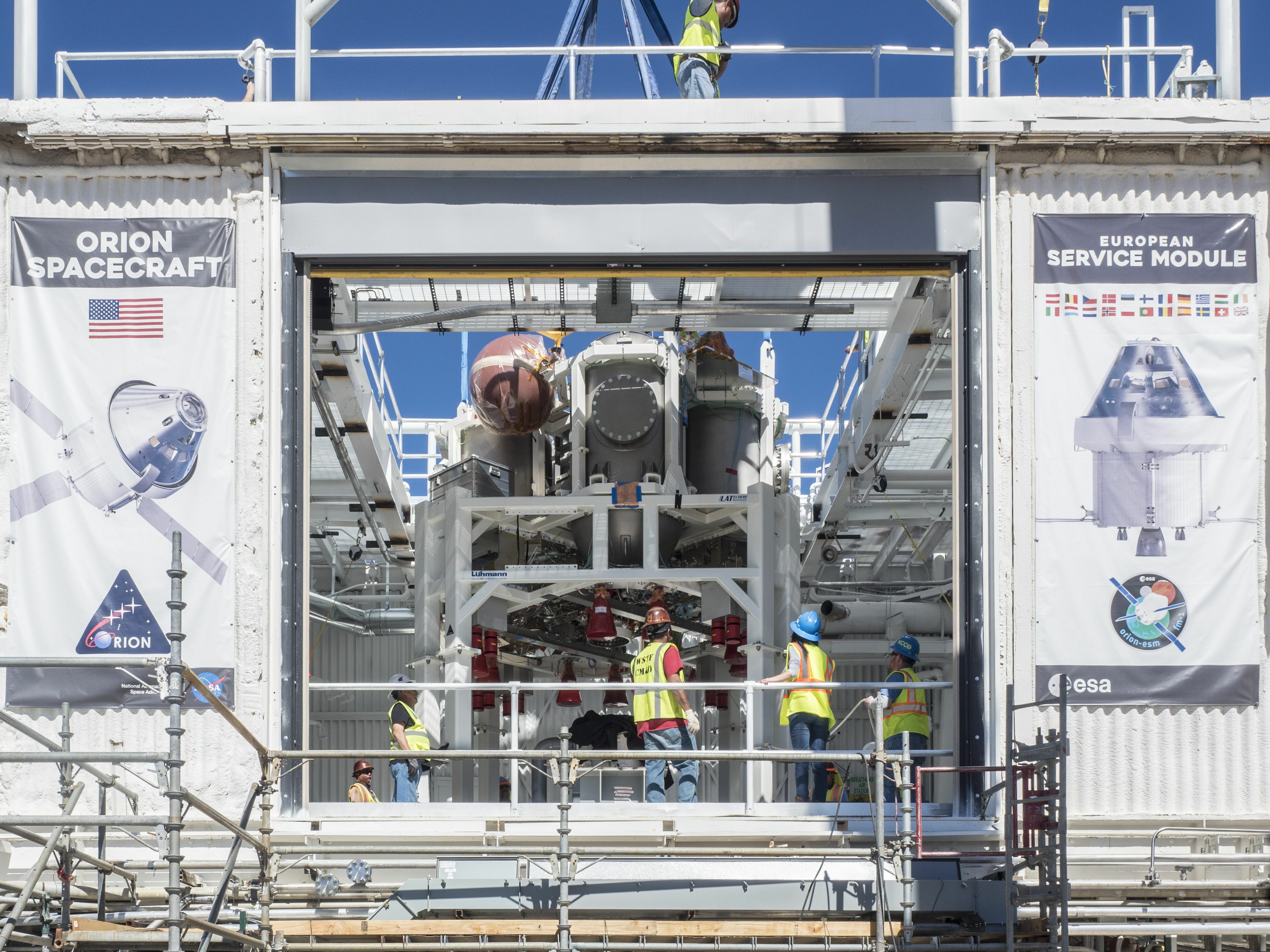 On February 22, ESA's European Service Module Propulsion Qualification Module (PQM) was successfully installed at NASA's White Sands Test Facility in New Mexico after a journey that begin in Germany with a stop along the way in Houston, Texas. The module will be equipped with a total of 21 engines: one U.S. Space Shuttle Orbital Maneuvering System (OMS) engine, eight auxiliary thrusters and 12 smaller thrusters produced by Airbus Safran Launchers in Germany. The all-steel PQM structure is used to test the propulsion systems on the Orion spacecraft including "hot firing" of the OMS engine and thrusters. Photo: NASA / Radislav Sinyak