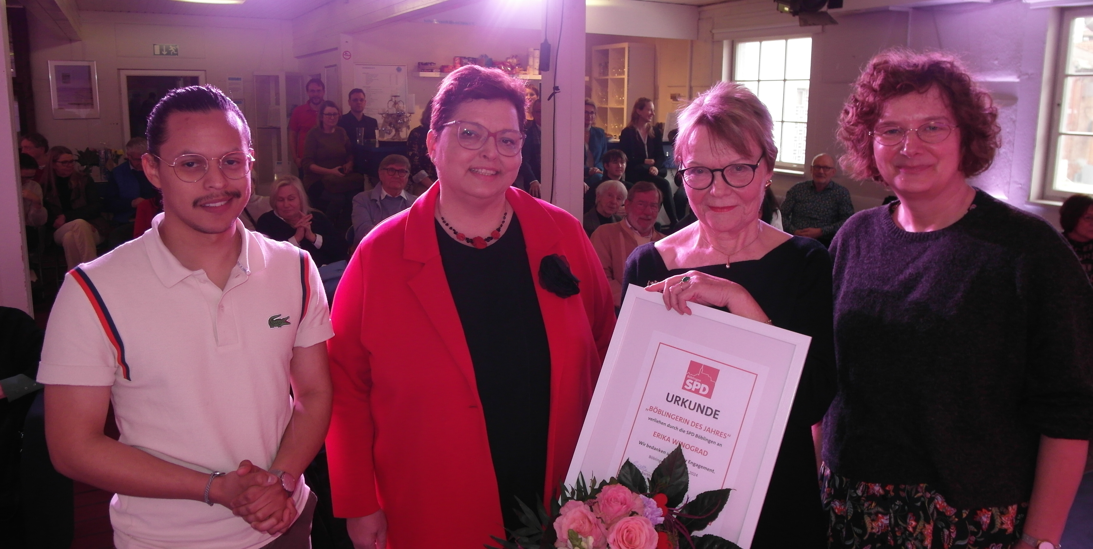 Mario Sickinger (Vorsitzender SPD-Stadtverband Böblingen), Gerlinde Feine (Vorsitzende der Fraktion „SPD+Linke“ im Böblinger Gemeinderat), Erika Winograd, Beate Bartholomä (Vorsitzende SPD-Stadtverband Böblingen) von links.