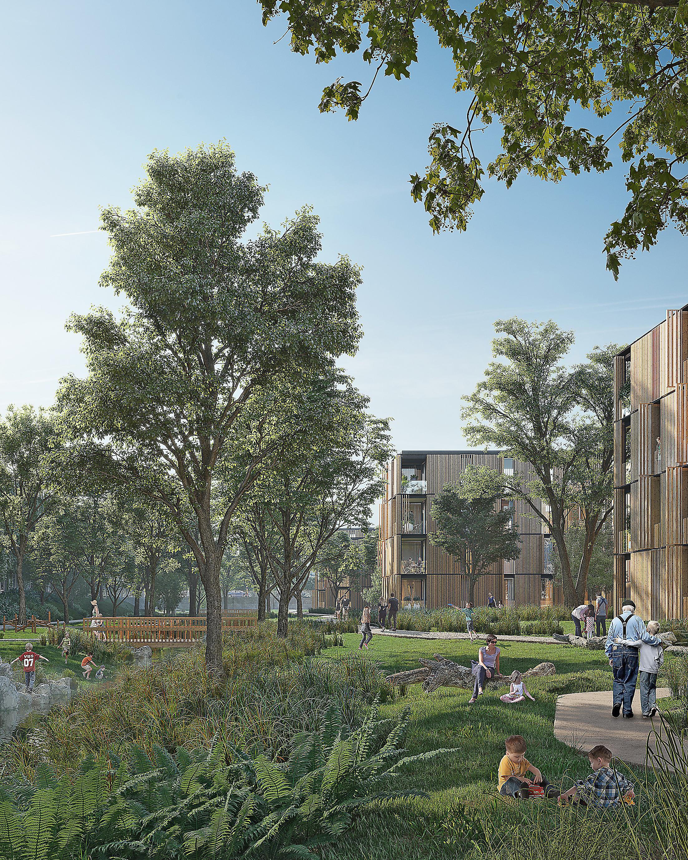 Wohnen und leben in Bachnähe: So stellen sich die Planer die Wohnbebauung im künftigen Goldbach-Quartier vor.  Bilder: Werk Arkitekter