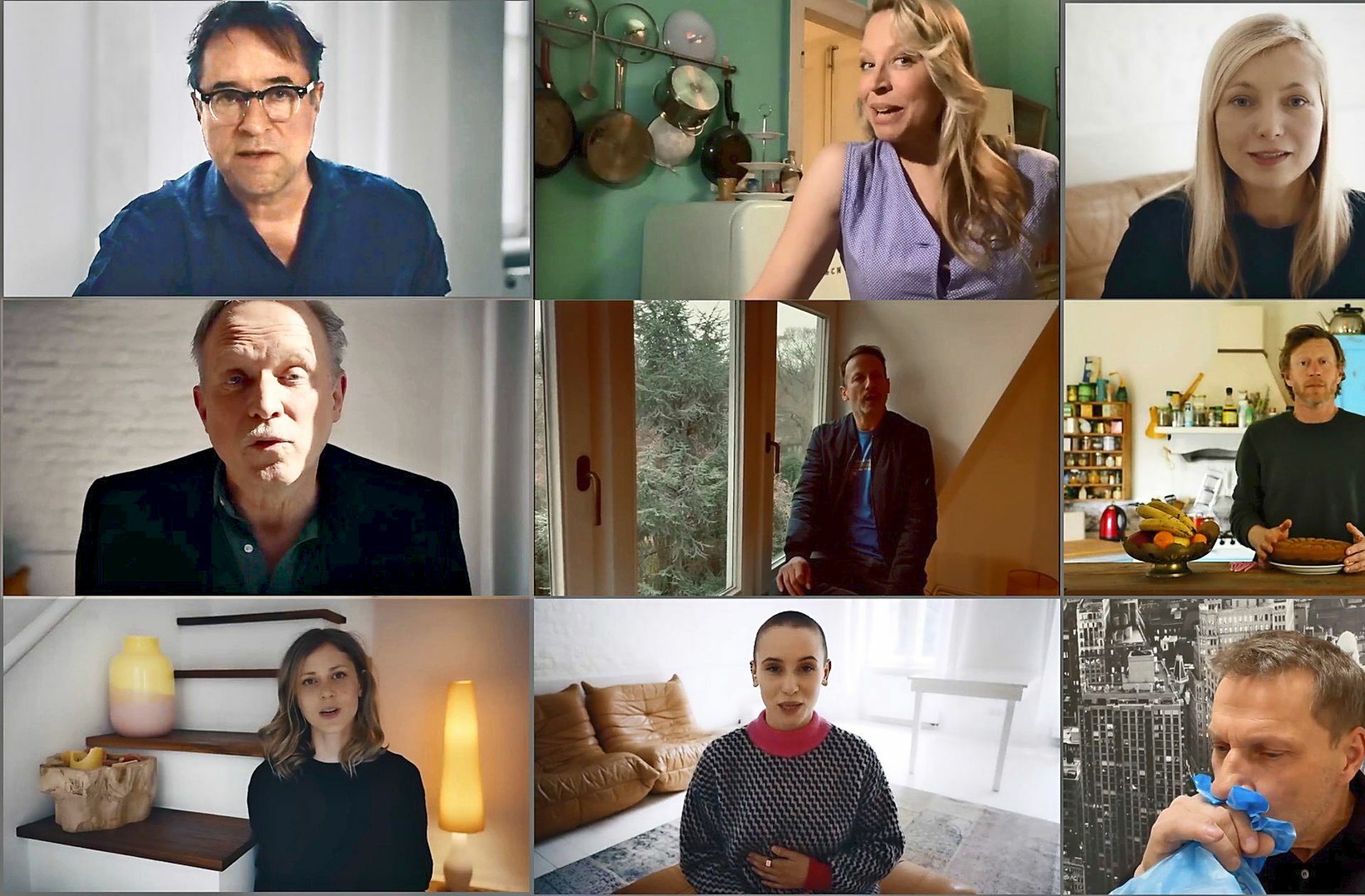 Unzufrieden: Jan-Josef Liefers, Nina Proll, Nadja Uhl, Ulrich Tukur, Wotan Wilke Möhring, Maxim Mehmet, Katharina Schlothauer, Peri Baumeister, Richy Müller (von links oben nach rechts unten). Foto: dpa