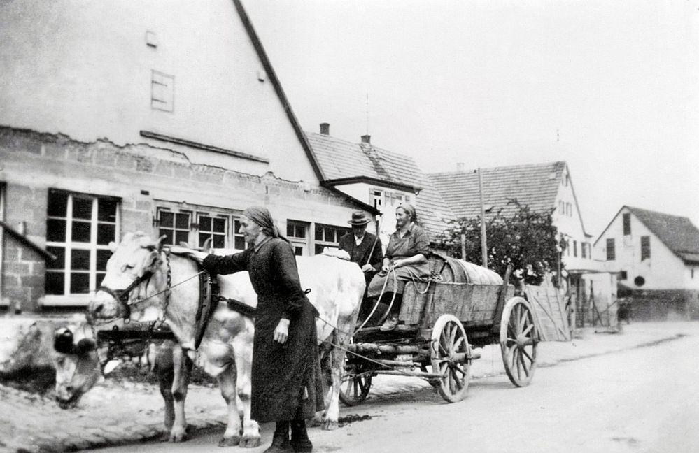 Die Maichinger Laurentiusstraße, damals noch Bahnhofstraße, um das Jahr 1950.