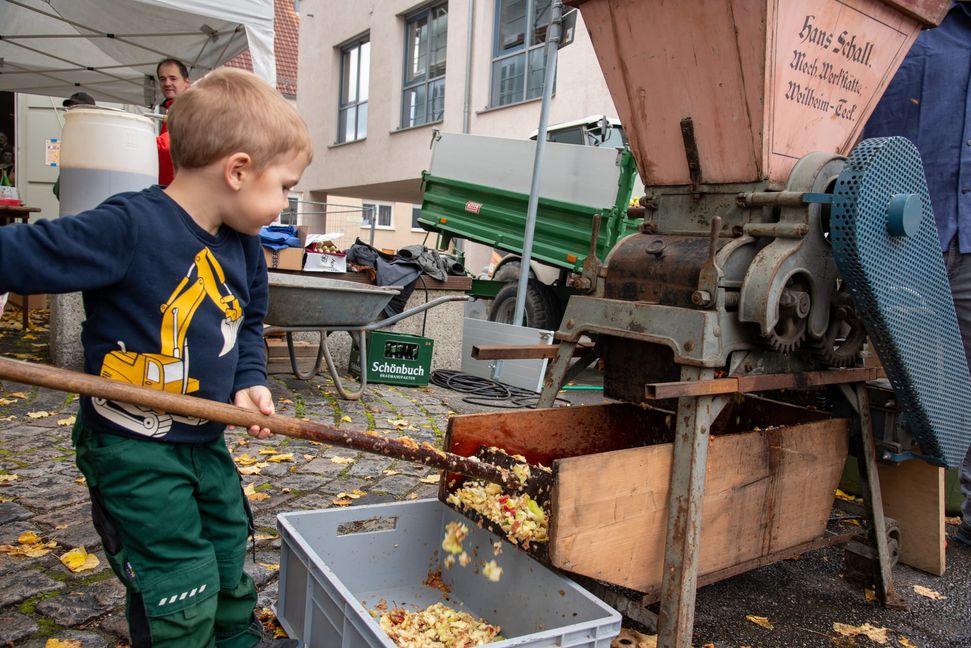 Noah Schmid packt bei der Apfelmühle mit an.