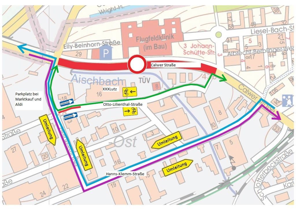 Ab 28. Februar ist die Calwer Straße dicht - betroffen ist der Abschnitt zwischen Flugfeld-Allee und Johann-Schütte-Straße. Die Umleitung führt über die Hulb. Grafik: Stadt Böblingen