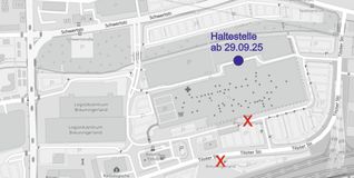 Unsere Karte zeigt die Verlegung der Haltestelle Breuningerland ab Montag, 29. September.