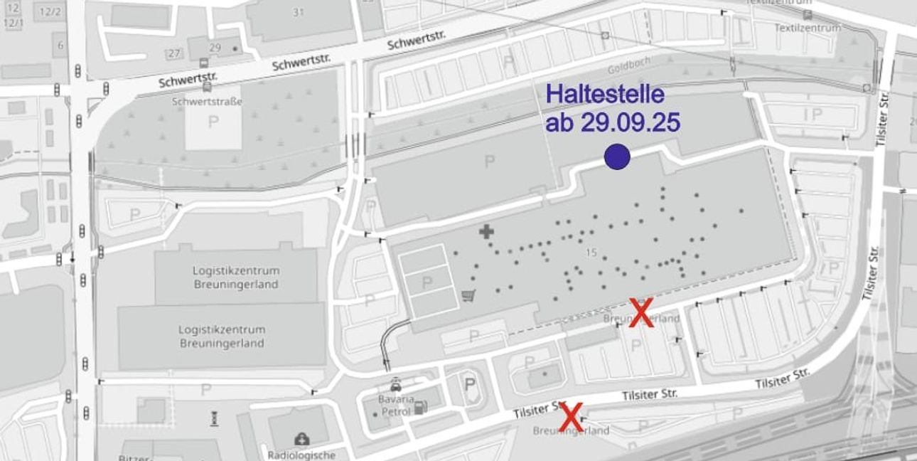 Unsere Karte zeigt die Verlegung der Haltestelle Breuningerland ab Montag, 29. September.