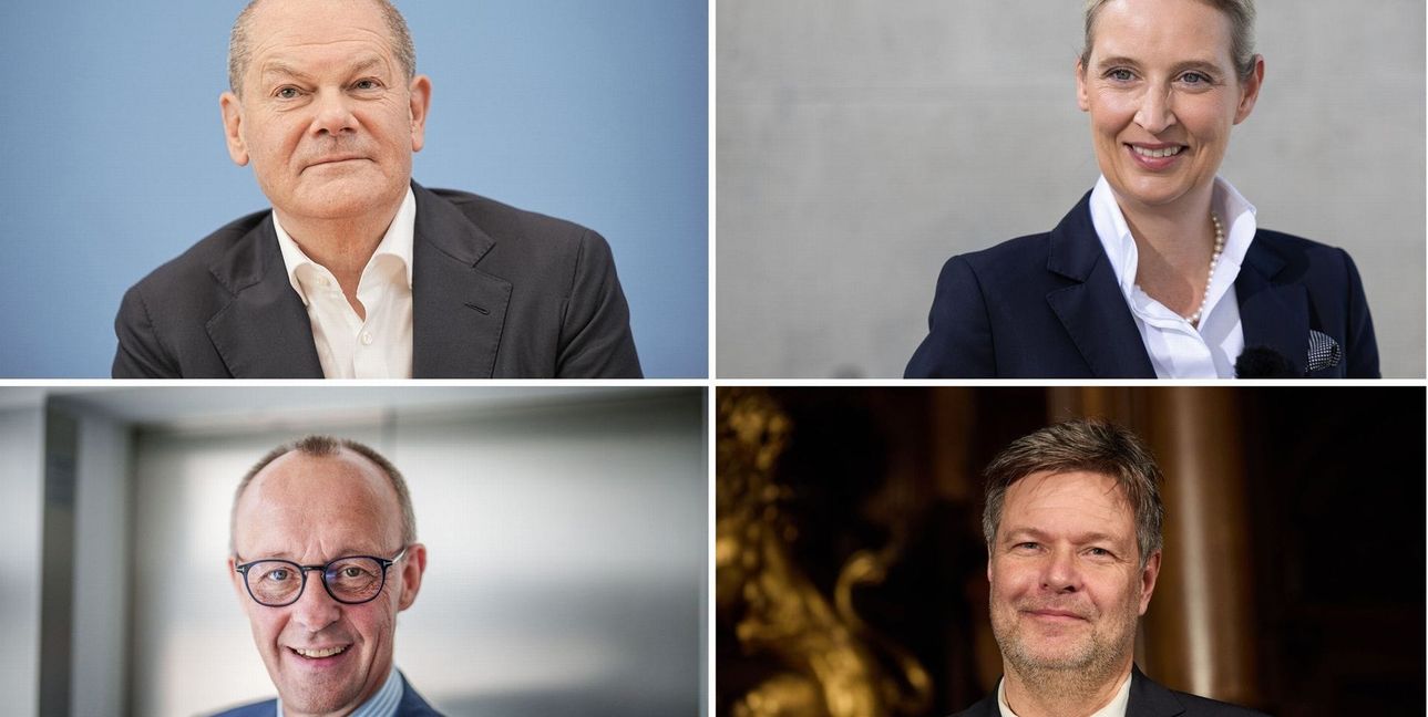 Die Kanzlerkandidaten von links oben im Uhrzeigersinn: Olaf Scholz, Alice Weidel, Robert Habeck und Friedrich Merz