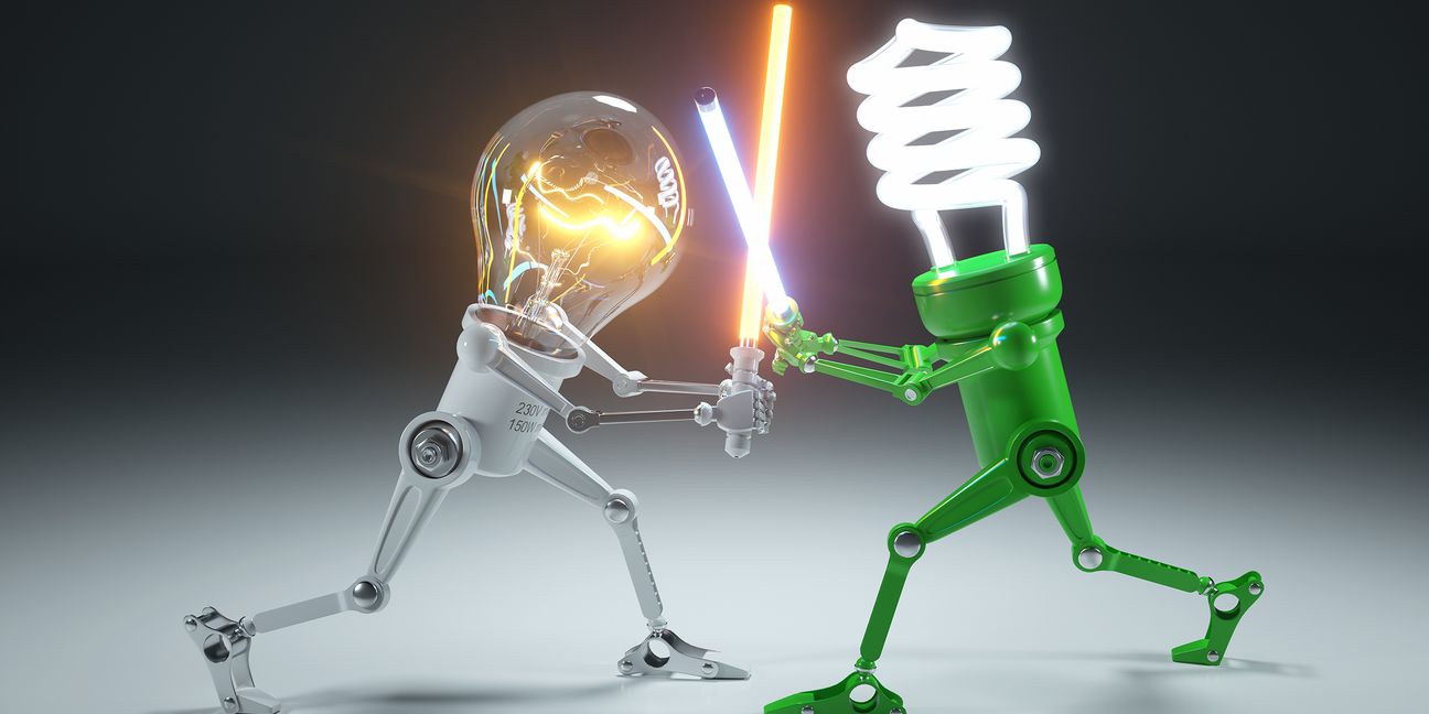 Confrontation cartoon personages bulb light and LED light lamps in style Star Wars. 3d concept