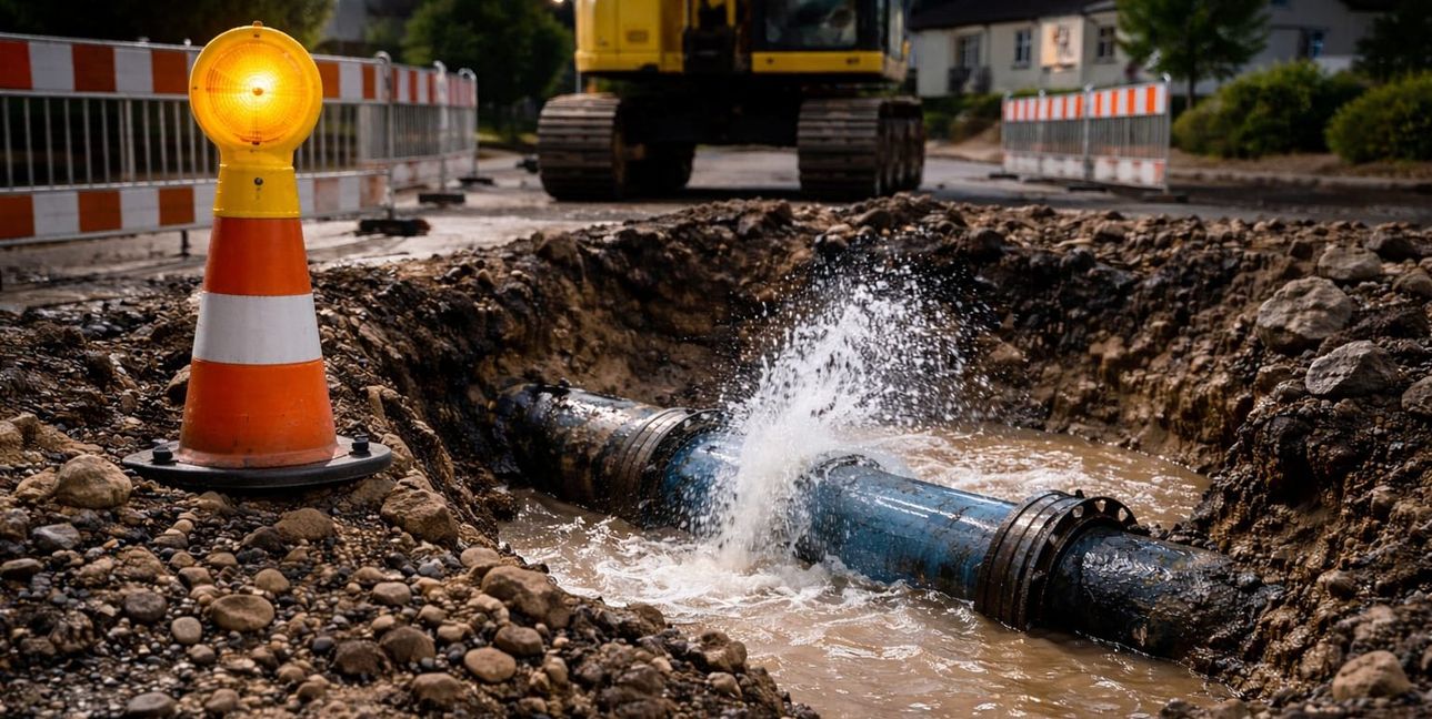 Wasserrohrbruch in einer Straße. 	Bild: ChatGPT