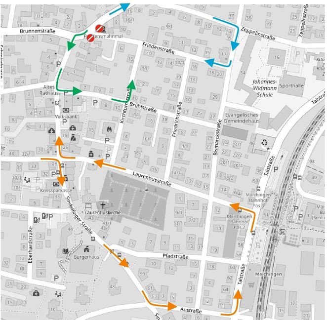 Unsere Grafik zeigt die Umleitungen in der Stuttgarter Straße und Laurentiusstraße.