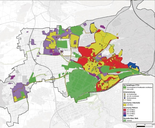 Die derzeitige Breitbandversorgung in Sindelfingen. Diese sei recht ordentlich, aber ausbaufähig, sagt Dr. Karl Peter Hoffmann, Geschäftsführer der Stadtwerke Sindelfingen. Grafik: Stadtwerke Sindelfingen
