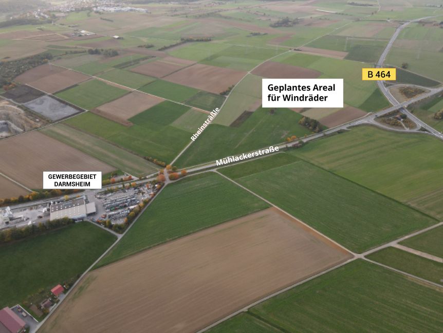 Zwischen Rheinsträßle, B 464 und Mühlackerstraße in Darmsheim liegt das Areal, auf dem Windräder entstehen könnten. Die konkreten Standorte sind noch nicht festgezurrt. Bild: z
