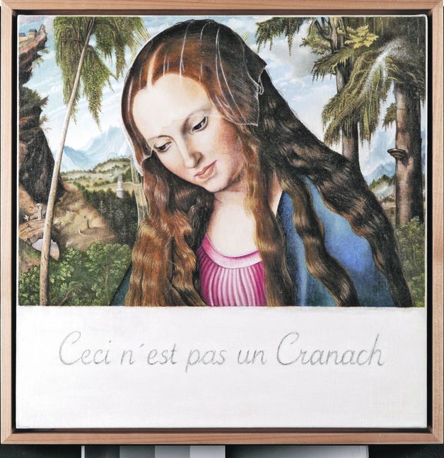 Das Bild „Madonna unter den Tannen – Ceci n’est pas un Cranach“ ist das einzige Originalgemälde in der Ausstellung, die Joachim Kupke am 20. Oktober in Kronach eröffnet. In der oberfränkischen Stadt ist der Maler, Grafiker und Buchdrucker Lucas Cranach der Ältere vermutlich um den 4. Oktober 1472 geboren. Reproduktion: Michael Frick/z