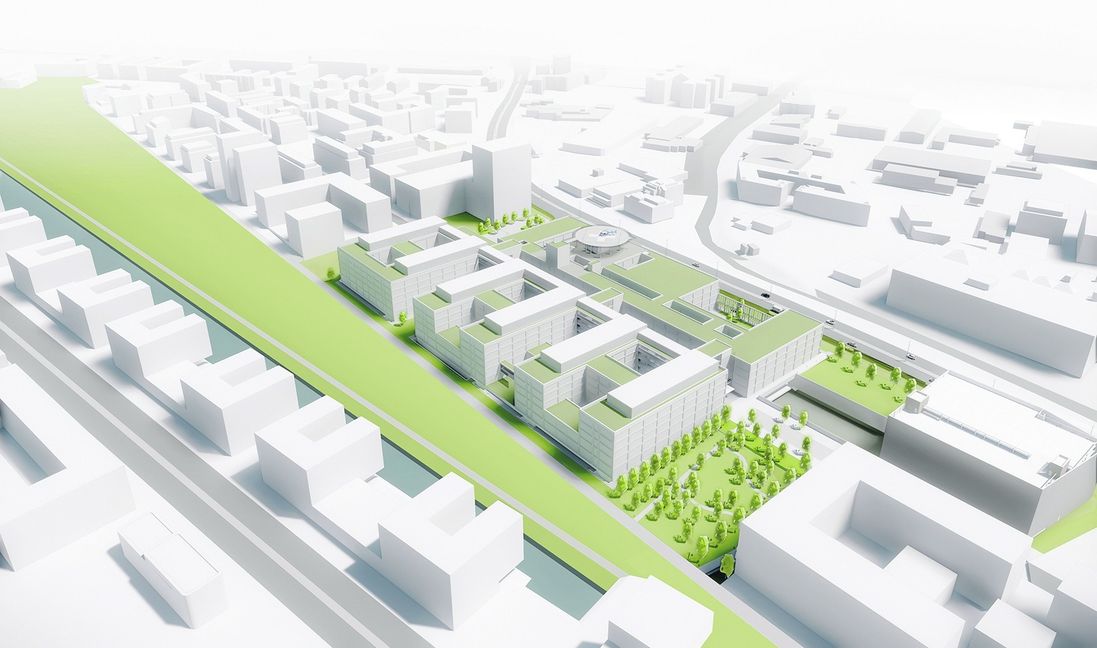 Der aufgelockerte Bettentrakt der neuen Flugfeldklinik, der kammförmig in die Grüne Mitte ragt, findet beim Zweckverband Gefallen. Grafik: z