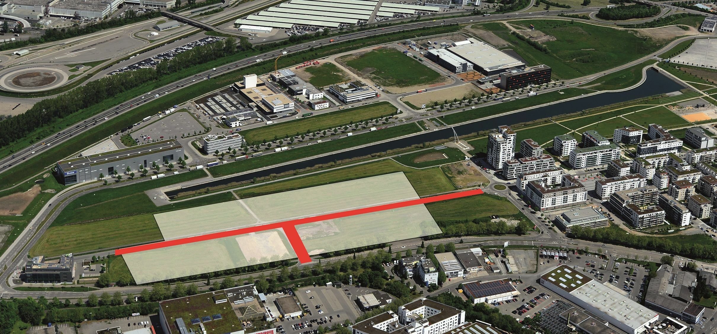 Die Elly-Beinhorn-Straße und der Neil-Armstrong-Weg (rot gekennzeichnet) sind ab 8. Juli gesperrt. Bild: Zweckverband Flugfeld Böblingen/Sindelfingen